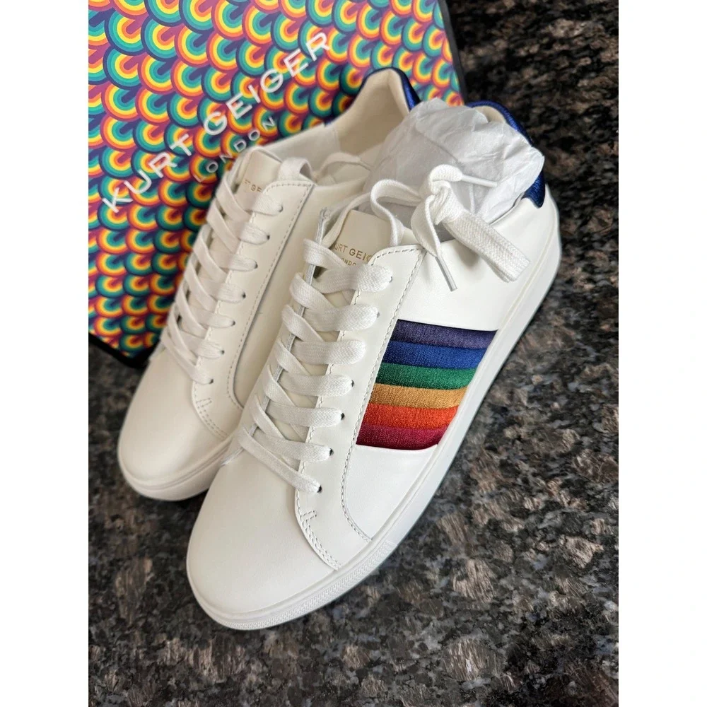 Kurt Geiger London Mens 9.5 White Leather Rainbow Stripe Low Top‎ Sneakers Shoes